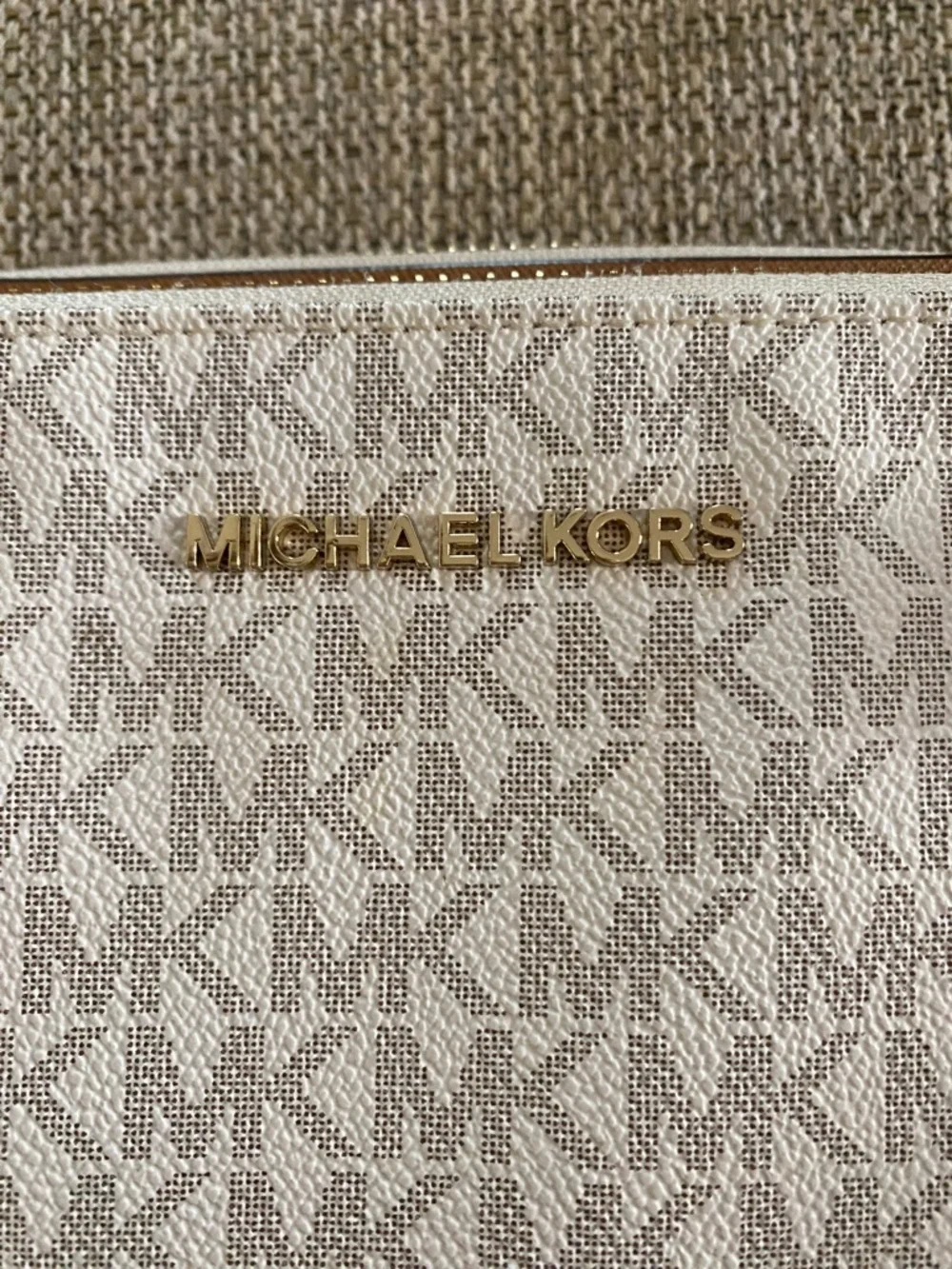 Michael Kors Cream Signature Crossbody with Brown Trim and Gold Accents